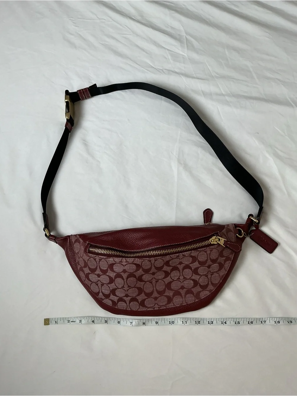 Coach Signature Jacquard Leather Belt Bag Fanny Pack Burgundy Maroon CG994